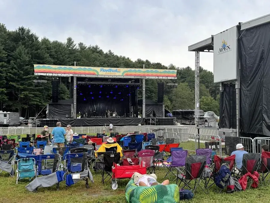 APEX 2424 stage beside a GEN3 stage on the festival lawn at FloydFest