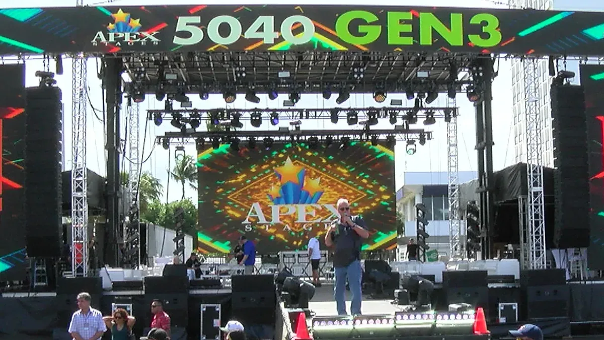 APEX 5040 GEN3 built out with line arrays, video wall and branded header